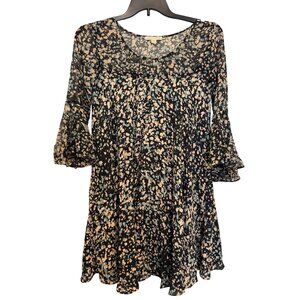 Paper Crown Floral Print Womens XS Black Multicolor Bell Sleeve Dress